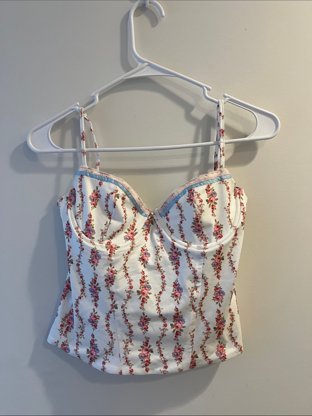 Floral Bustier Camisole in White with Pink Rose Stripe